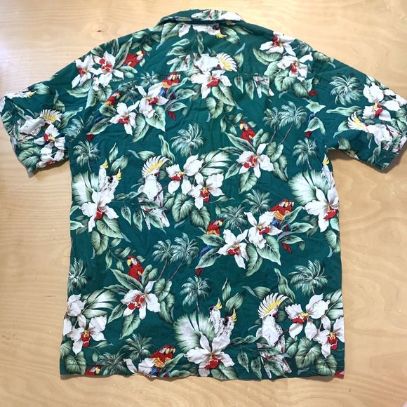 Evergreen Island Hawaiian Shirt Size L Men’s Button Up Green Cockatoos & Flowers - Picture 7 of 7
